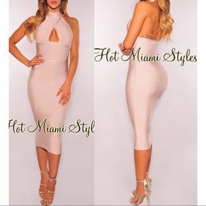 Hot Miami Styles Peephole Bandage Nude Midi Dress